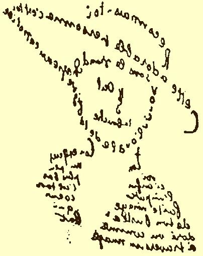 Line drawing of a man from the shoulders up wearing a wide brimmed hat. Lines are made of cursive French.     